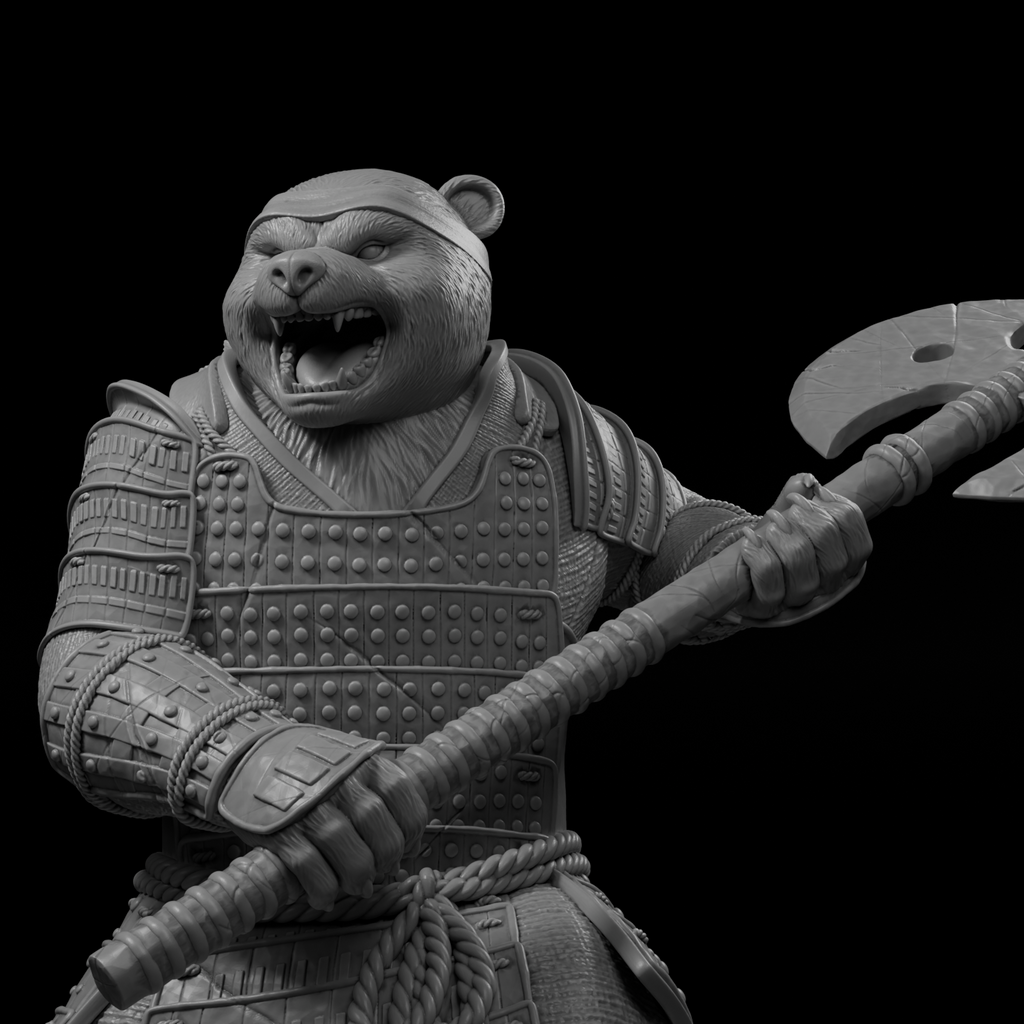 A grayscale 3D render of a bear character in samurai armor holding a large axe, shown against a solid black background.